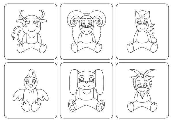 Kids coloring book. Animals: horse; rooster; rabbit; goat; ox; c — ストックベクタ