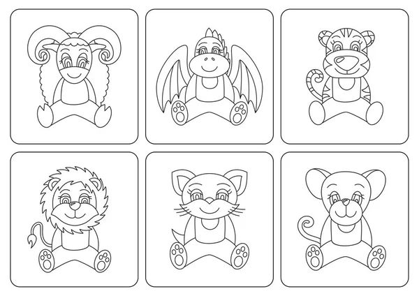 Libro da colorare per bambini. Animali: ratto; drago; tigre; gatto; topo; lei — Vettoriale Stock