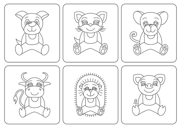 Kids coloring book. Animals: rat; dog; pig; cat; mouse; ox; cow; — Stok Vektör