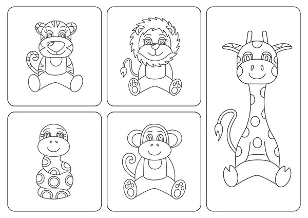 Libro da colorare per bambini. Animali: tigre; serpente; scimmia; giraffa, leo , — Vettoriale Stock