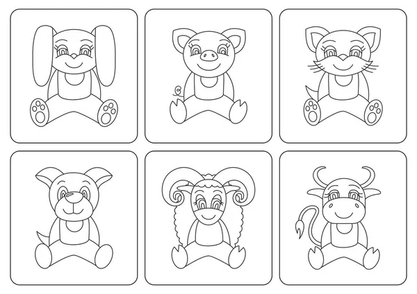Libro da colorare per bambini. Animali: coniglio; suino; gatto; cane; pecora; bue; c — Vettoriale Stock