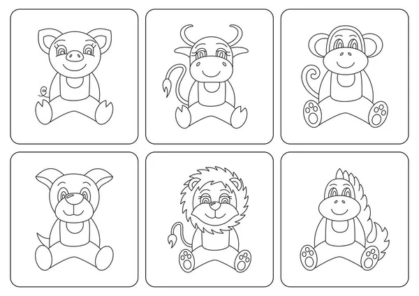 Kids coloring book. Animals: dragon; dog; pig; monkey; ox; cow; — Stock vektor