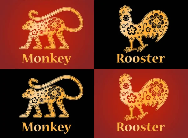 Macaco, galo, símbolos do horóscopo chinês 2028, 2029 yea —  Vetores de Stock