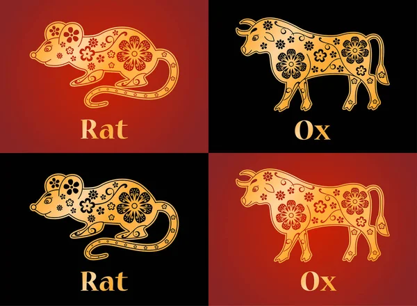 Rat, Ox, mouse, symbols of the Chinese horoscope 2020, 2021 year — Stock vektor