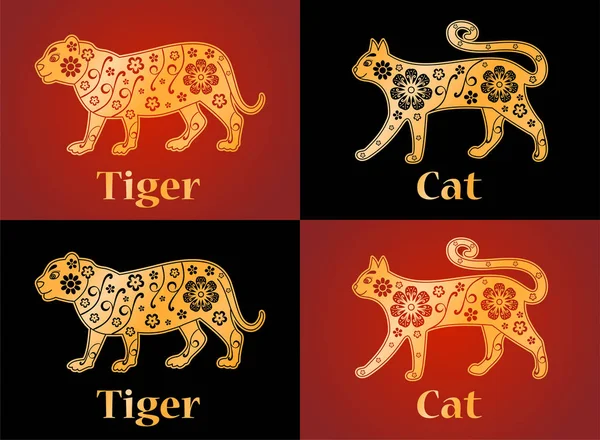 Tigre, gatto, simboli dell'oroscopo cinese 2022, 2023 anni. F — Vettoriale Stock