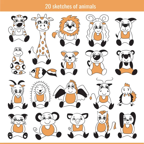 Skiss djur set. Doodle illustration samling. Tiger och giraff — Stock vektor