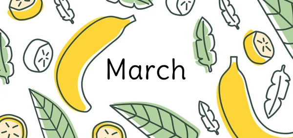 Banana March vector calendário. Desenho desenhado à mão. Esboço Doodle —  Vetores de Stock