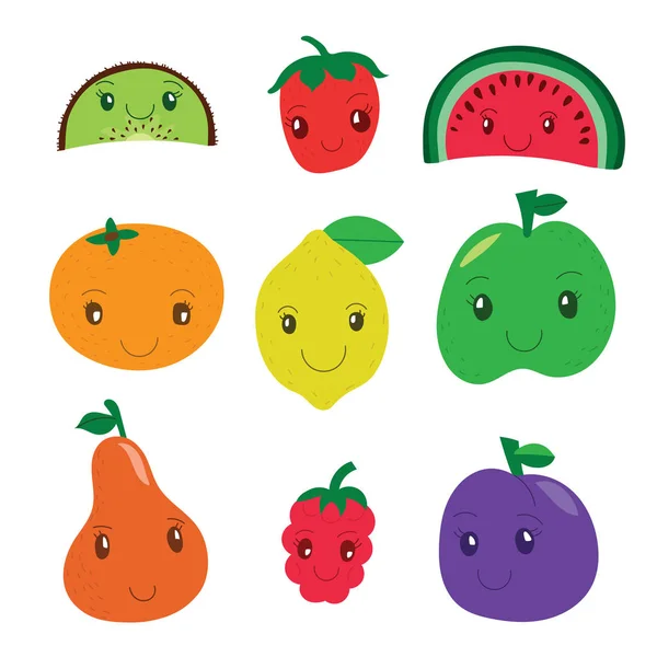 Kiwi, strawberry, semangka, mandarin, lemon, apel, pir, rasp - Stok Vektor