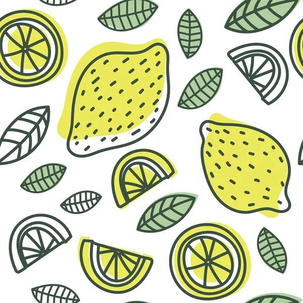 Lemon seamless pattern. Hand drawn fresh tropical citrus fruit. — 스톡 벡터