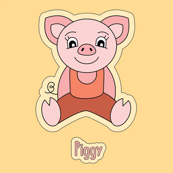 Schönes Schweinchen, Cartoon-Aufkleber, lustiges Tier, Kinderzeichnung, Karte — Stockvektor