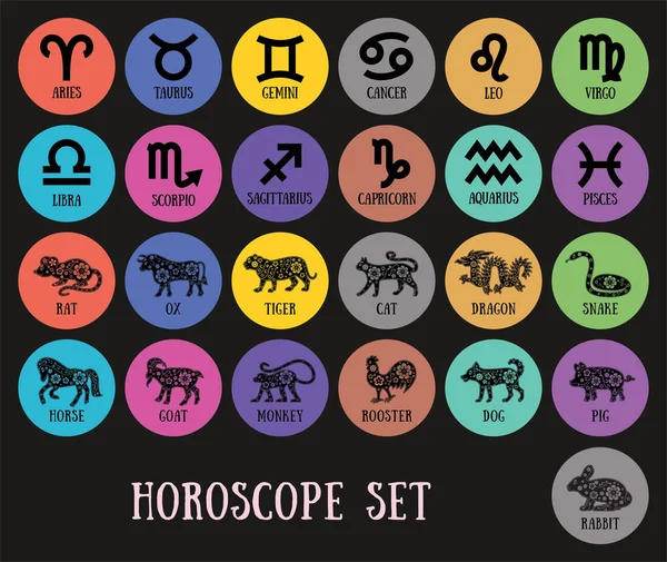 Dierenriemtekens en Chinese horoscoop. Waterman, weegschaal, leo, taurus — Stockvector