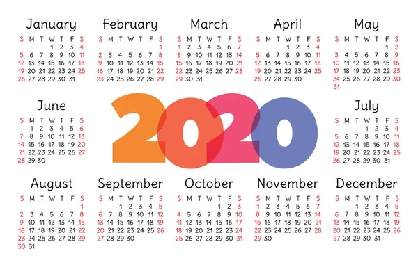 Календарь 2020 векторный карман базовой сетки. Простой шаблон дизайна — стоковый вектор