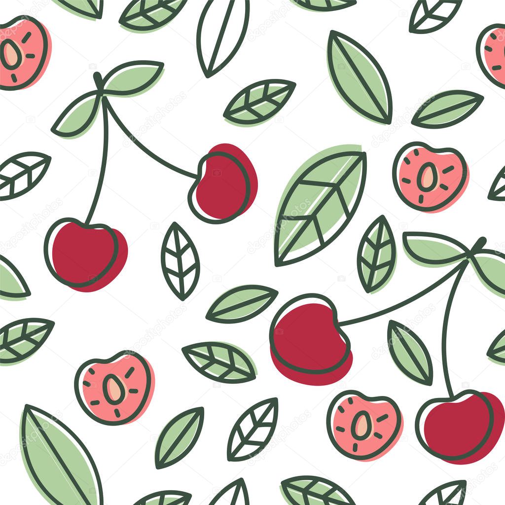 Cherry seamless pattern. Hand drawn fresh berry. Multicolored ve