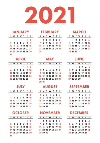 Kalender 2021 år. Vektorficka eller vägg kalender mall. Sim — Stock vektor