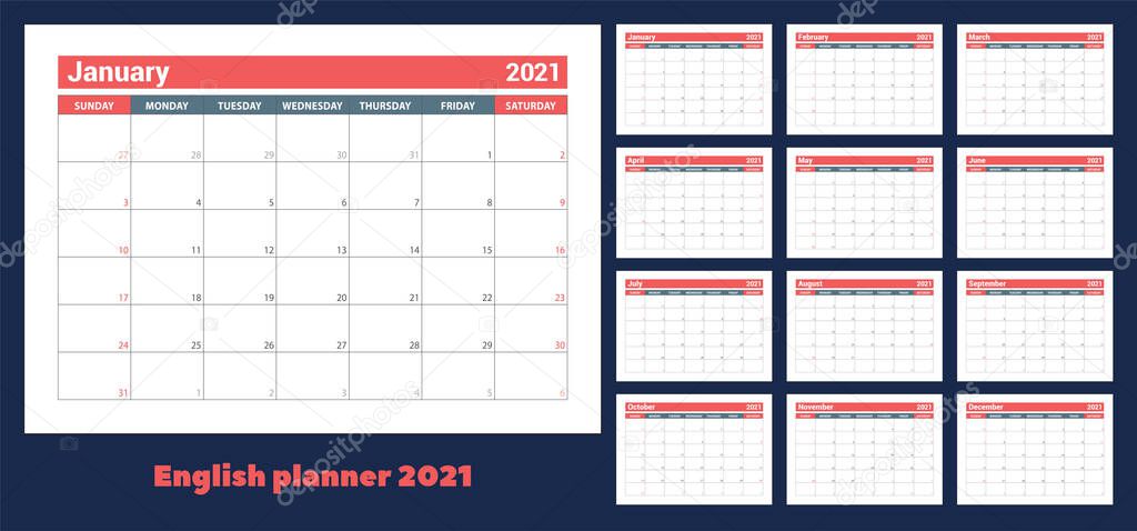 2021 calendar. English planner. olor vector template. Week starts on Sunday. Business planning. New year calender. Clean minimal table. Design