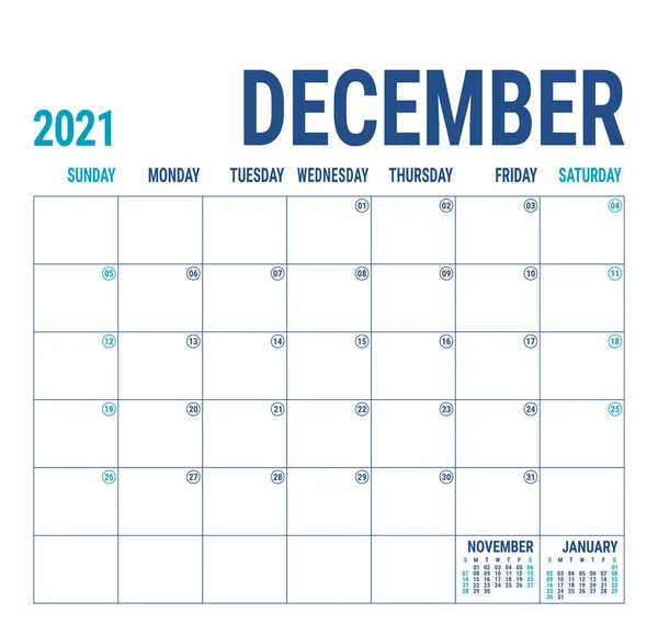 Календар 2021 Року Грудень Англійський Шаблон Календаря Векторна Квадратна Сітка — стоковий вектор