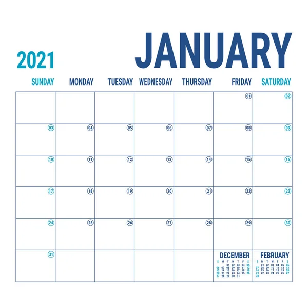 Календар 2021 Року Англійський Шаблон Календаря Векторна Квадратна Сітка Бюро — стоковий вектор