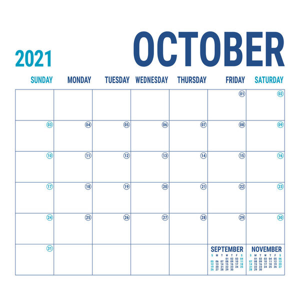 Calendar 2021. October month. English calender template. Vector square grid. Office business planning. Creative design. Blue color