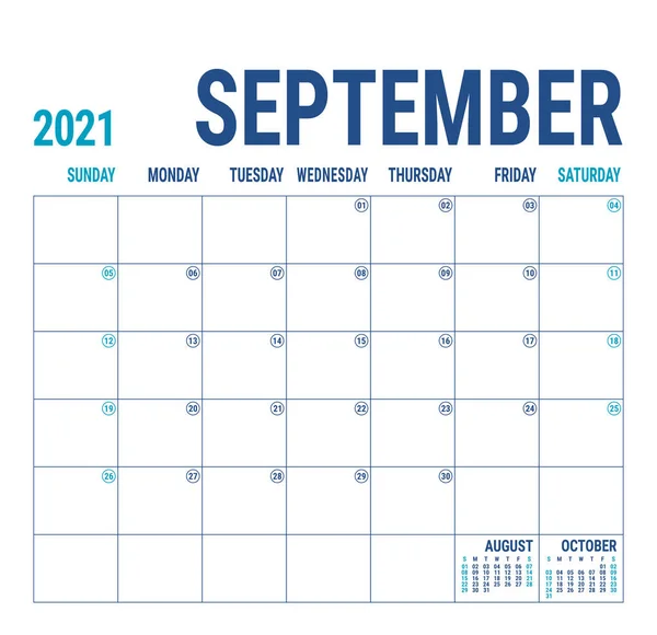 Календар 2021 Року Вересень Англійський Шаблон Календаря Векторна Квадратна Сітка — стоковий вектор