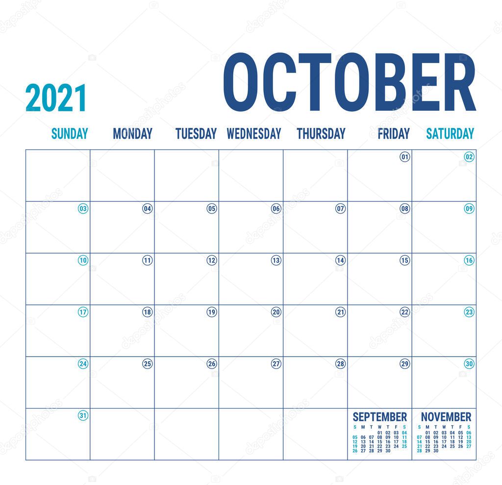 Calendar 2021. October month. English calender template. Vector square grid. Office business planning. Creative design. Blue color