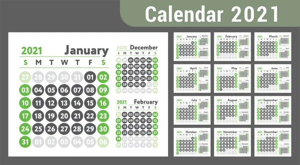 2021 Calendar New Year Planner Design English Calender Green Color Vector Graphics