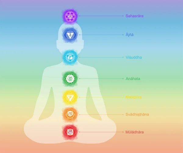 Chakras Muladhara Swadhisthana Manipura Anahata Vishuddha Ajna Sahasrara Símbolo Línea — Vector de stock