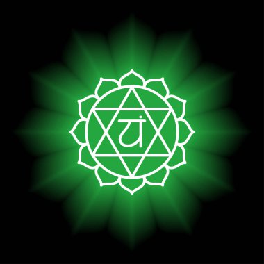 Anahata simgesi. Dördüncü kalp çakrası. Vektör yeşil parlatıcı ve parlatıcı. Çizgi sembolü Sakal işareti. Meditasyon