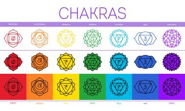 Çakralar: muladhara, swadhisthana, manipura, anahata, vishuddha, ajna, sahasrara. Vektör çizgisi sembolü. Om işareti. Sacral ikonu. Meditasyon