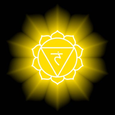 Manipura simgesi. Üçüncü güneş çakrası. Vektör sarı parlatıcı ve parlatıcı. Çizgi sembolü Sakal işareti. Meditasyon