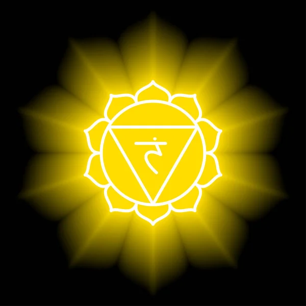 マニプラのアイコン 三番目の太陽のチャクラ ベクトルイエローの光沢と輝き 線のシンボル 神聖なサイン — ストックベクタ