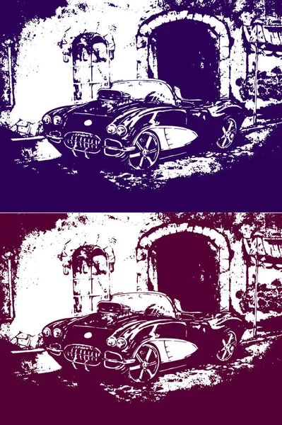 Graphiques rétro de la voiture près du bâtiment en deux couleurs — Image vectorielle