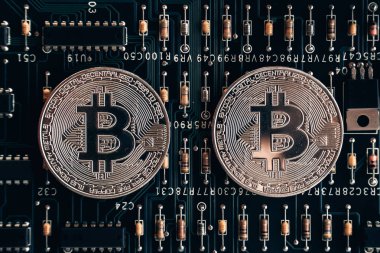 Bir çip ve direnç ve bir bitcoin ile baskılı devre kartı