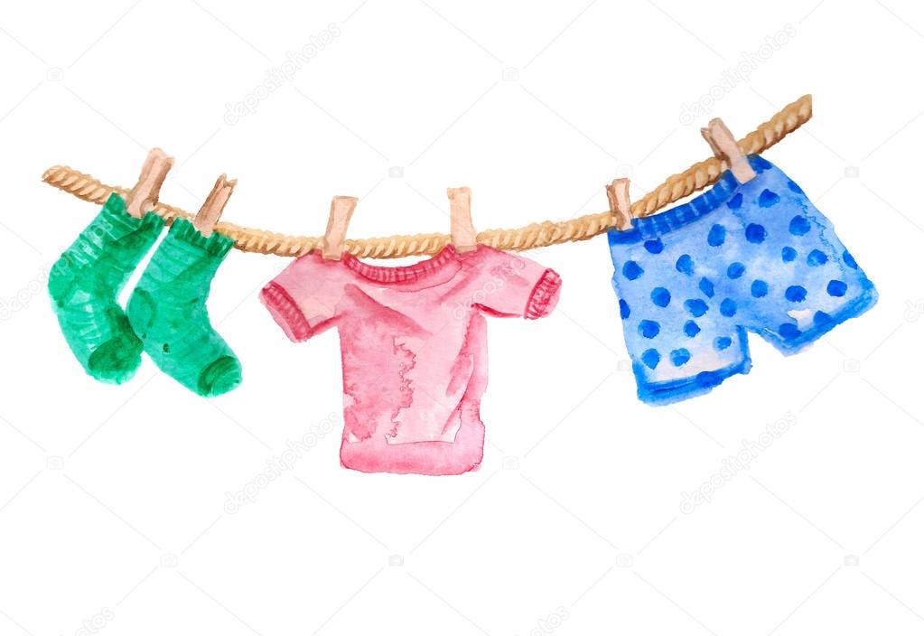 Watercolor clothesline with drying clothes