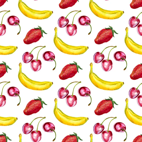 Nahtloses Muster mit Kirschen, Bananen und Erdbeeren — Stockfoto
