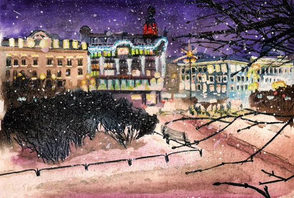 손으로 그린 야간 도시 겨울 물감. — 스톡 사진