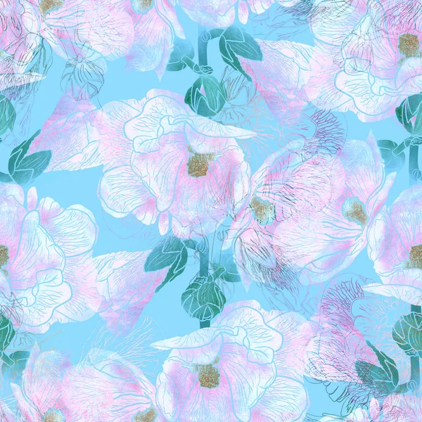 Nahtloses Muster mit Hollyhock-Blumen — Stockfoto