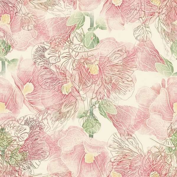 Απρόσκοπτη μοτίβο με λουλούδια hollyhock — Φωτογραφία Αρχείου