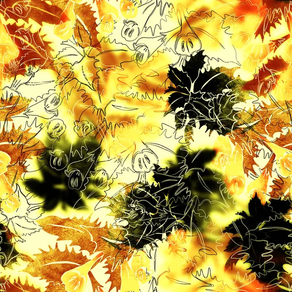 Bezszwowy wzór z lasem ziołowym z fioletowymi liśćmi i żółtymi kwiatami — Zdjęcie stockowe
