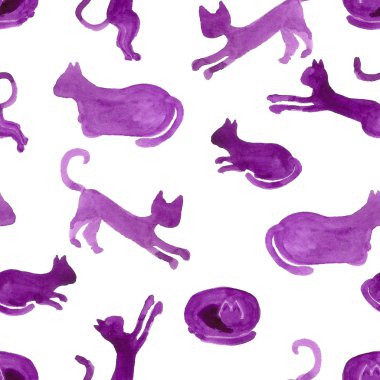 Seamless pattern with silhouettes of watercolor cats.