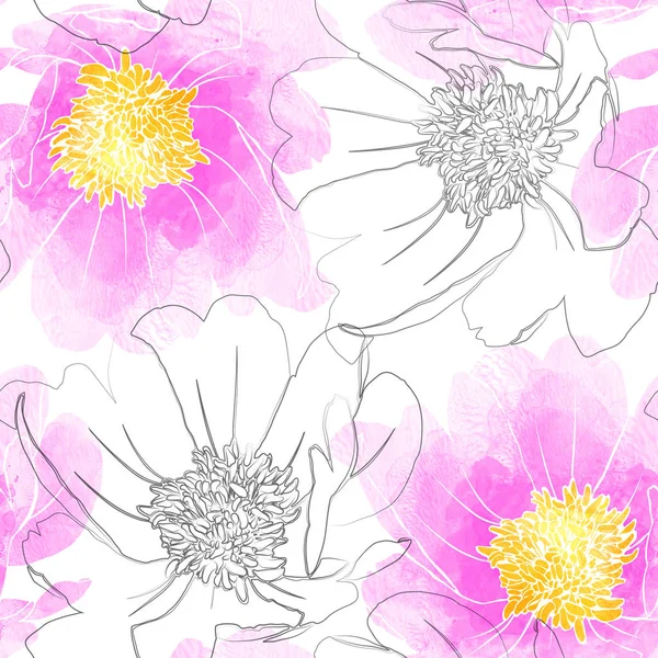 Anemone-Aquarell nahtlos in handgezeichnetem Stil — Stockfoto