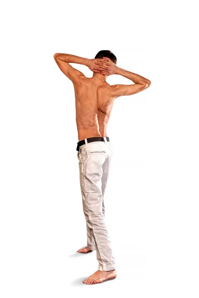 Joven Para Con Espalda Pantalones Blancos Con Torso Desnudo —  Fotos de Stock