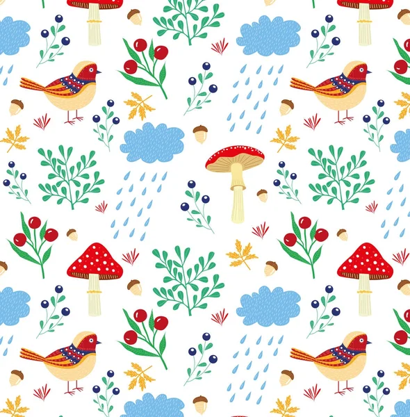 autumn pattern with birds and umbrella