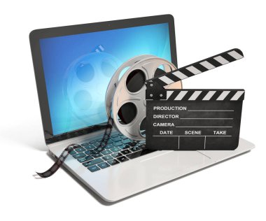 Laptop with films reel and movie clapper clipart