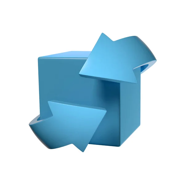 Blue arrows orbiting around the cube — Stock Photo, Image