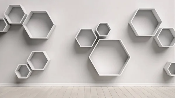 Leeres weißes Interieur mit Sechseckablagen an der Wand — Stockfoto