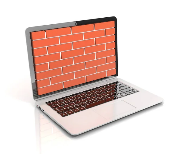 Segurança do computador, conceito de firewall 3d, parede de tijolo proteger laptop — Fotografia de Stock