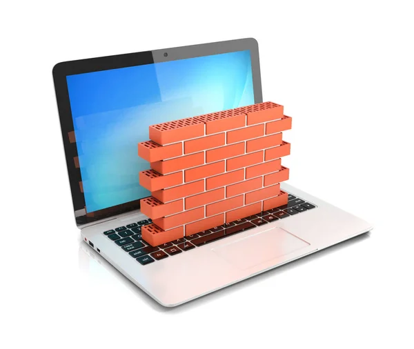 Sicurezza del computer, firewall concetto 3d, muro di mattoni proteggere laptop — Foto Stock