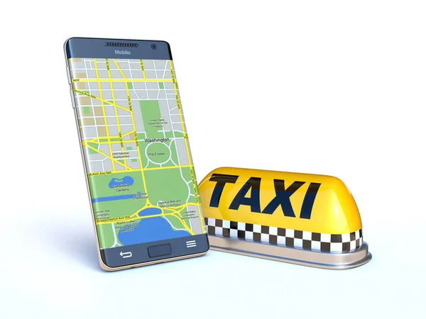 Cellulare con cartello taxi, app taxi — Foto Stock