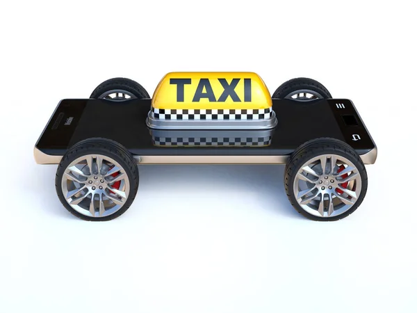 Мобильный телефон с табличкой такси и колесами, приложение такси — стоковое фото