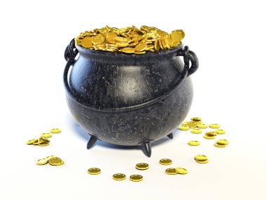 Iron pot full of golden coins - Patrick Day cauldron 3d rendering clipart